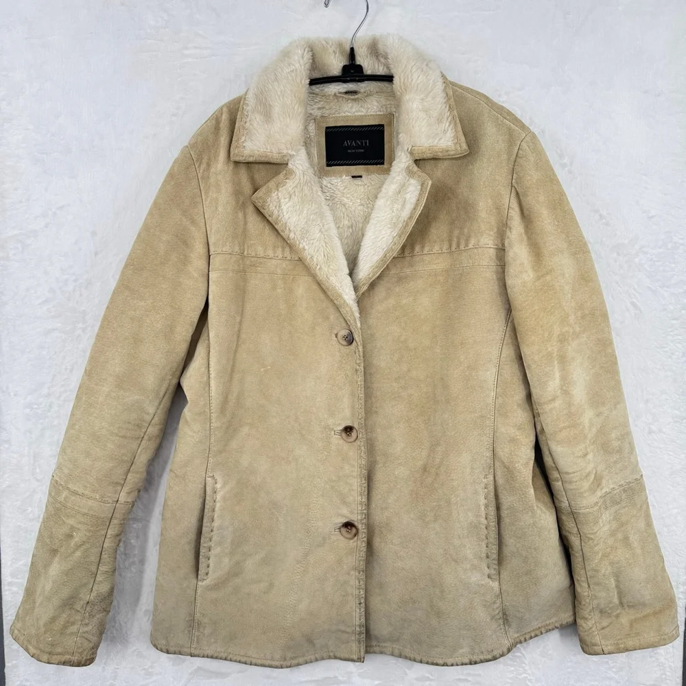 Penny Lane Coat Vintage 90s Y2K Beige Suede Sherpa Lined Button Front Pockets L - Picture 1 of 8